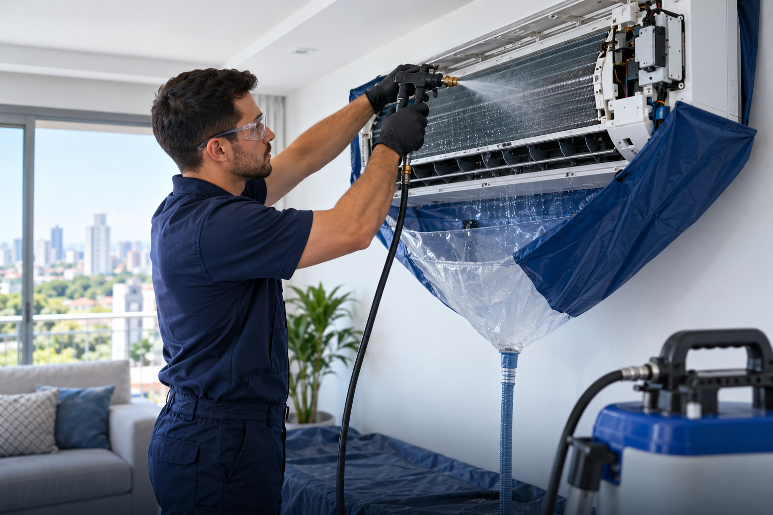 Técnico higienizando ar-condicionado com proteção do ambiente