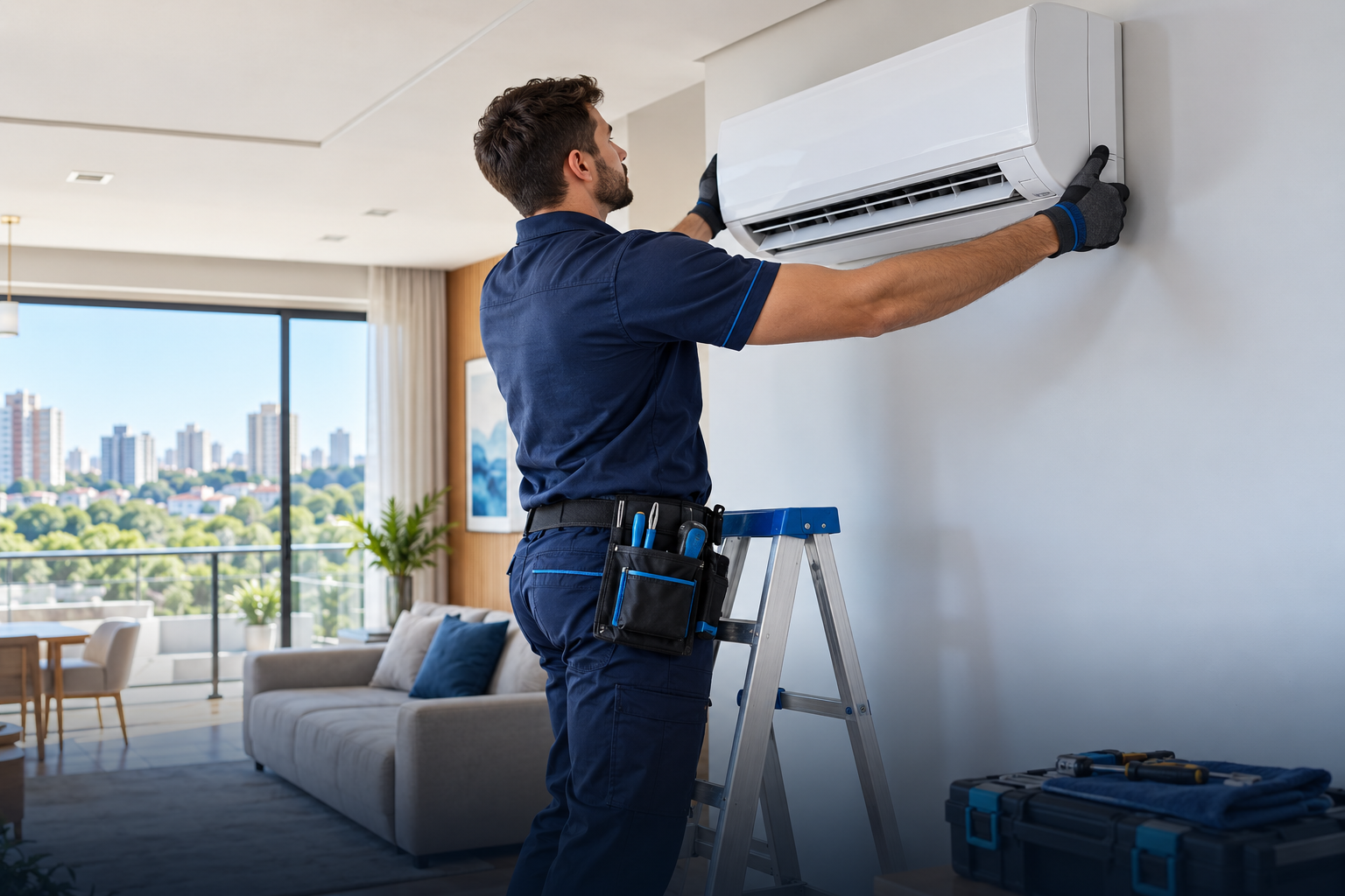 Técnico instalando um ar-condicionado split em ambiente residencial