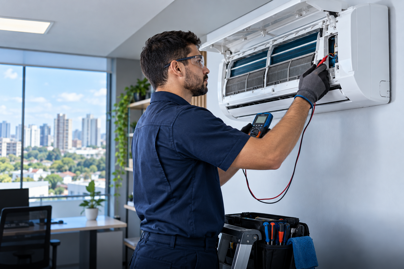 Técnico realizando manutenção preventiva em ar-condicionado